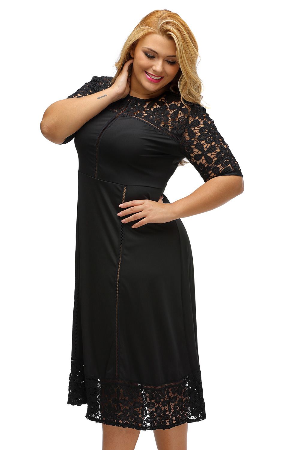 Black Floral Lace Splice Short Sleeve Curvy Dress – Tootoolbay