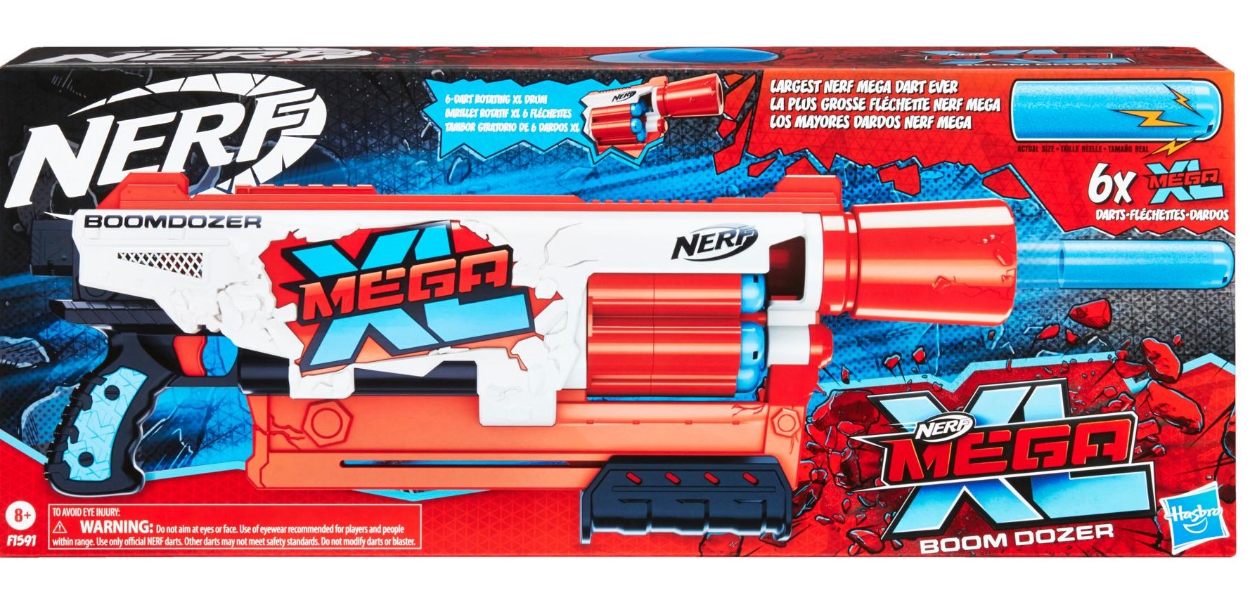  NERF Mega XL Boom Dozer Blaster, Mega Dardos más grandes de la  historia, tambor giratorio XL de 6 dardos, 6 dardos Whistler Mega XL,  acción de bomba : Todo lo demás