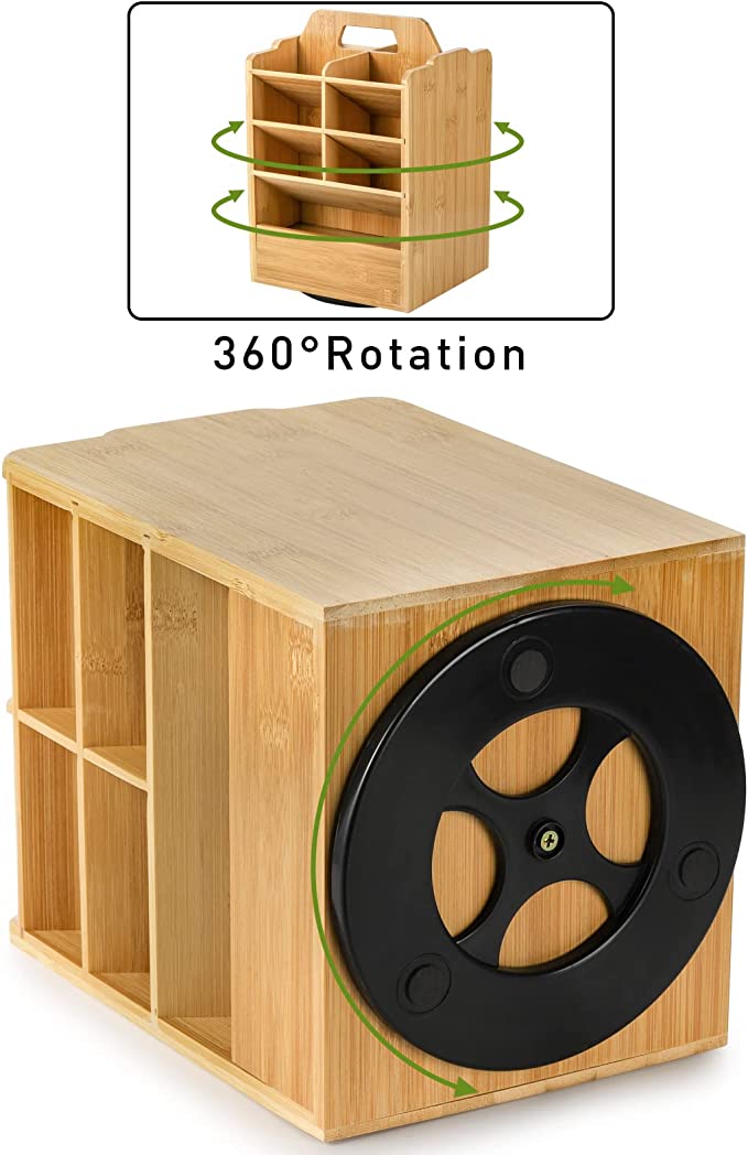 VaeFae 360° Rotating Bamboo Pen Holder – 11 Compartments, Removable Divider, Desktop Organizer For Markers, Pencils, Brushes
