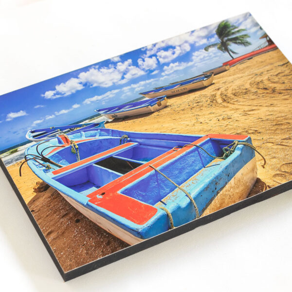 Block mounted Giclée Print of pirogues at Mayaro Beach