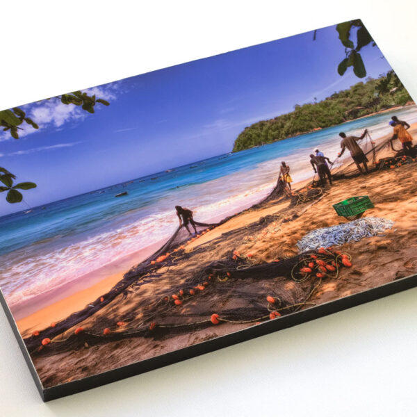 Block mounted Giclée Print of fishermen at Castara Bay