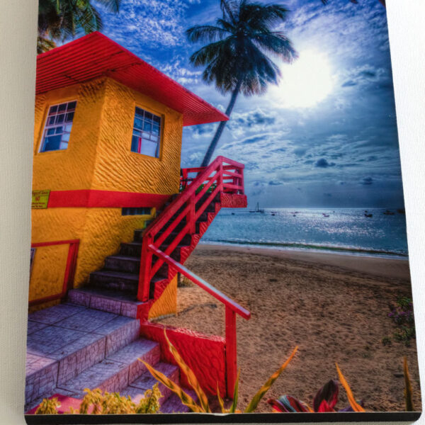 Block mounted Giclée Print of a Lifeguard booth in Tobago