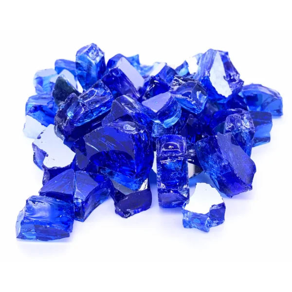 55 lbs. of Deep Sea Blue 3-5cm Tumbled Crushed Glass Rocks Blend, ideal for landscaping, crafts, water features, planters.