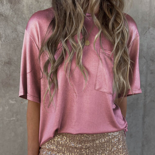Rose Pink Solid Chest Pocket Loose Fit T Shirt (Medium)