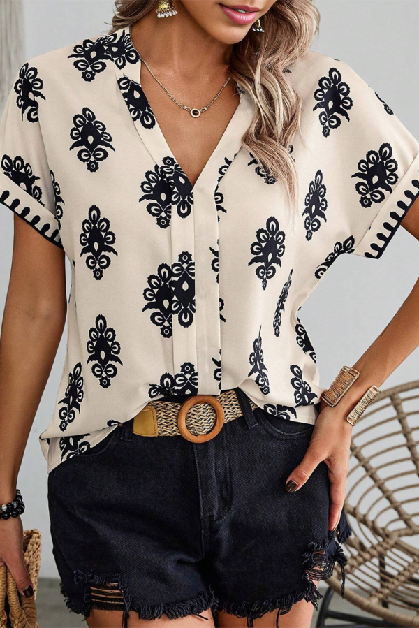 Beige/Black Geometric Print Short Sleeve V Neck Blouse (X-Large)