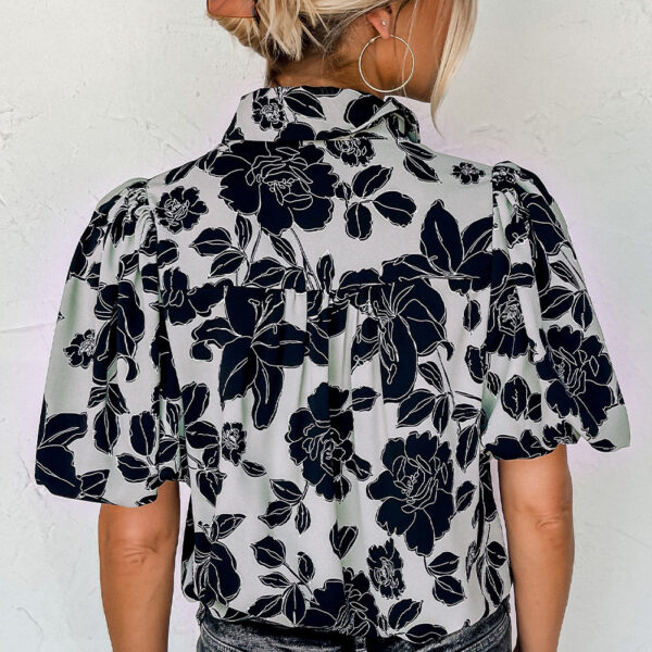 Alternative view of White / Black Floral Bubble Sleeve Casual Loose Fit Shirt (Large)