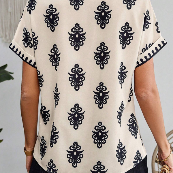 Alternative view of Beige/Black Geometric Print Short Sleeve V Neck Blouse (X-Large)