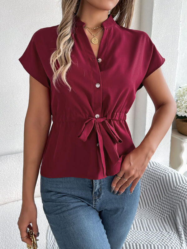 Burgundy Dahlia Solid Color Button Drawstring Blouse (Large)
