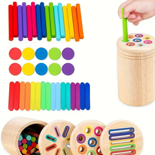 Wooden 3-in-1 Color Sorting Cup: Enhances Color Recognition & Hand-Eye Coordination