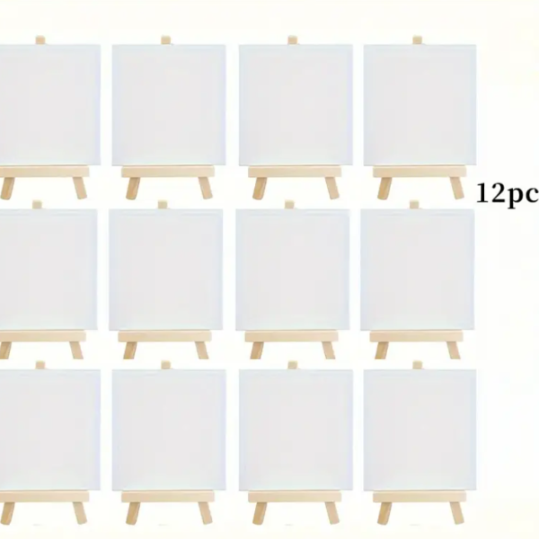 12pcs White Canvas & Easel Art Set with 12 Recycled Wood Frames (8x12.5cm) & 12 Blank Panels (7.5x7.5cm)