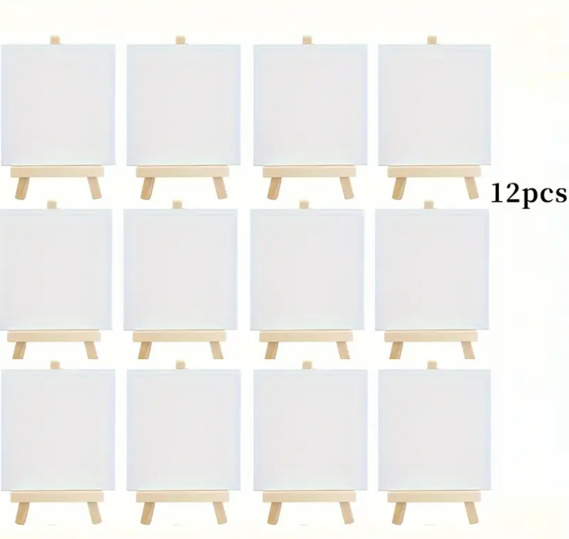 12pcs White Canvas & Easel Art Set with 12 Recycled Wood Frames (8x12.5cm) & 12 Blank Panels (7.5x7.5cm)
