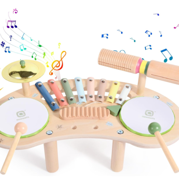7 in 1 Kids Drum Set for Toddlers Wooden Musical Instruments Kit