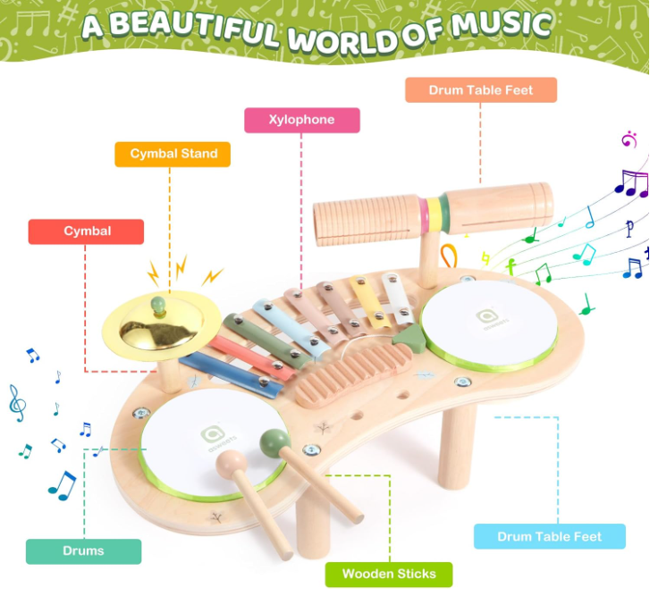 7 in 1 Kids Drum Set for Toddlers Wooden Musical Instruments Kit - Image 2