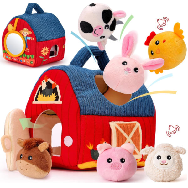 Surprise Barn Stuffed Farm Animals – Montessori Sensory Toy Set for Babies 6–12 Months
