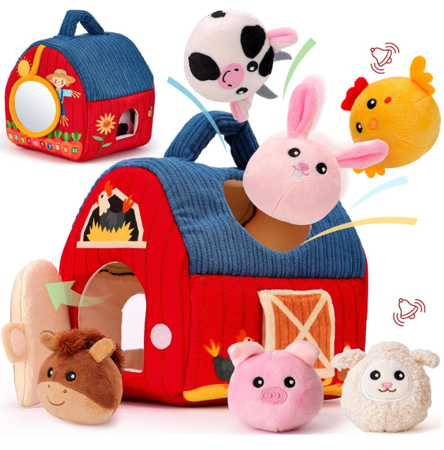 Surprise Barn Stuffed Farm Animals – Montessori Sensory Toy Set for Babies 6–12 Months