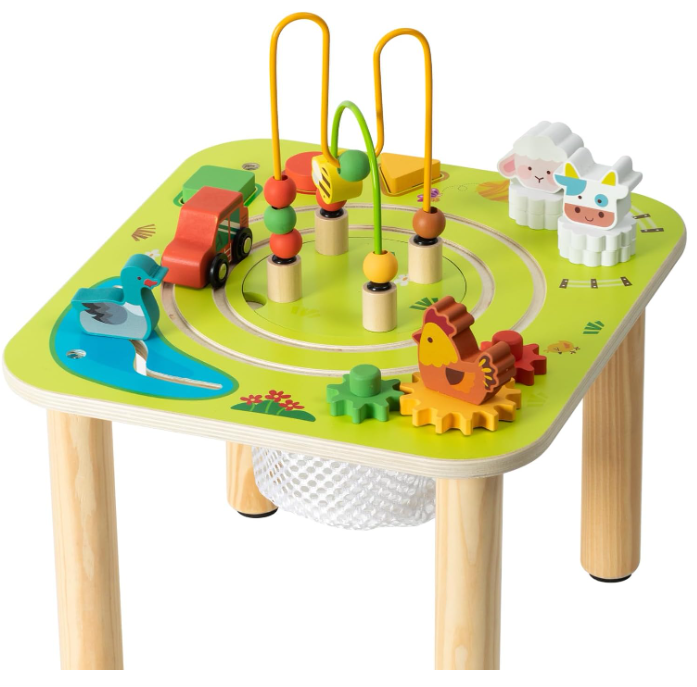 7-in-1 Activity Table for Toddlers, Wooden Montessori Play Center with Train, Bead Maze & Sensory Toys