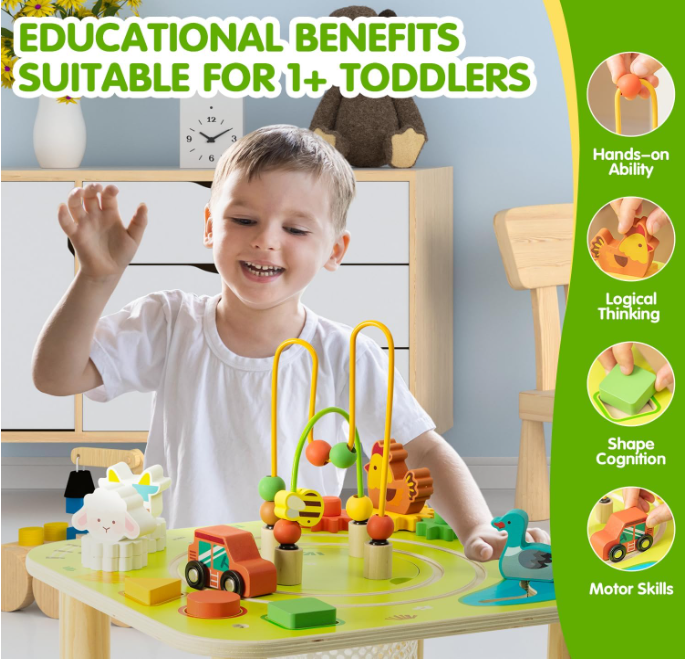 7-in-1 Activity Table for Toddlers, Wooden Montessori Play Center with Train, Bead Maze & Sensory Toys - Image 2