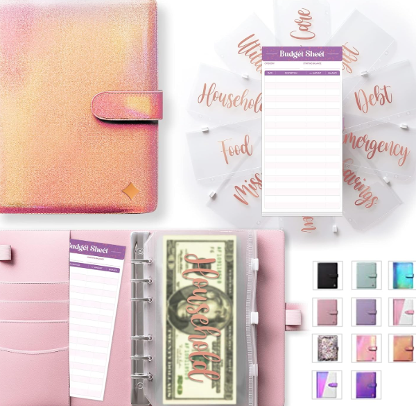 Budget Binder with Zipper Envelopes | Sparkle Rose Gold A6 Cash Organizer with Pre-Printed Stickers, Money Binder for Budgeting & Cash Stuffing