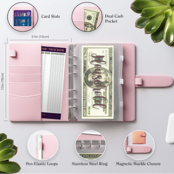 Alternative view of Budget Binder with Zipper Envelopes | Sparkle Rose Gold A6 Cash Organizer with Pre-Printed Stickers, Money Binder for Budgeting & Cash Stuffing
