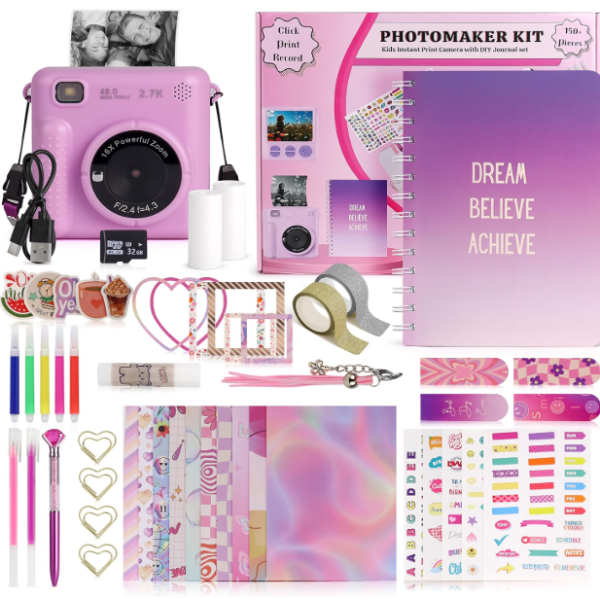 Photomaker Kit - Instant Print Camera for Kids + DIY Journal Kit (150 Pcs Lilac Set)