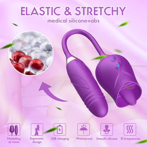 Licking Rose with Thrusting Bullet Vibrator Sex Toys for Women, Rose Adult Toys with G Spot Vibrators Nipple Clit Anal Rose Sex Toy - 9 Modes, Hands-Free Thrusting Dildos, Soft Tongue Licking, Couples Female Adult Sex Toys Games - Image 4