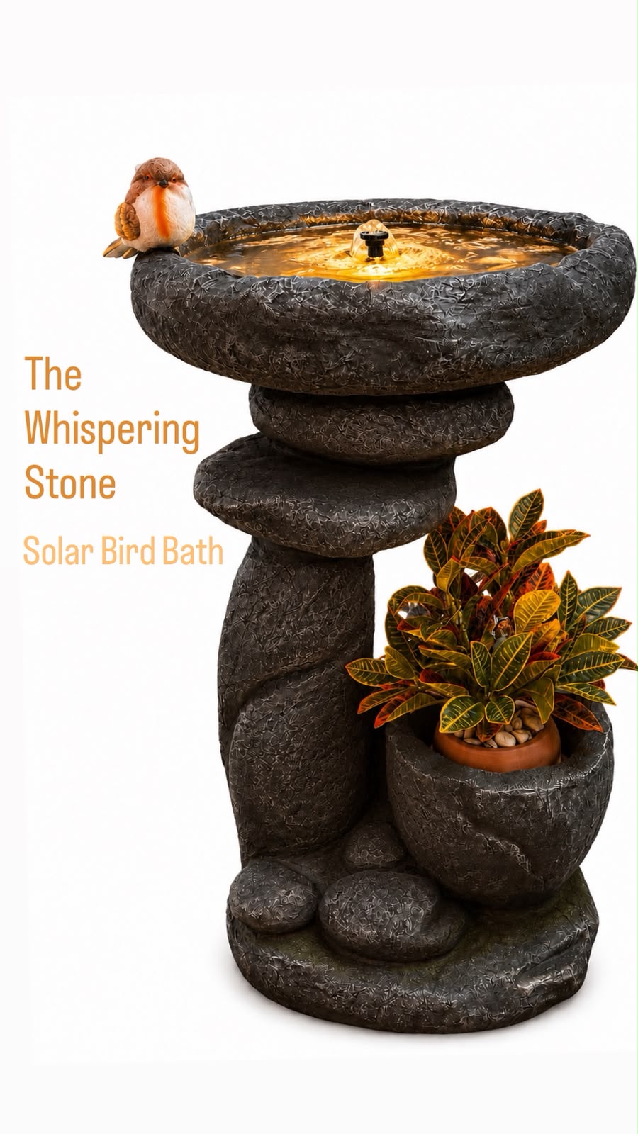 The Whispering Stone- Solar Bird Bath (28"H x 18.5"W)