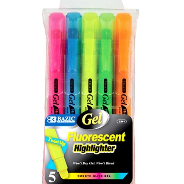 Bazic Gel Fluorescent Bible Highlighter Smooth Glide 5 Pk