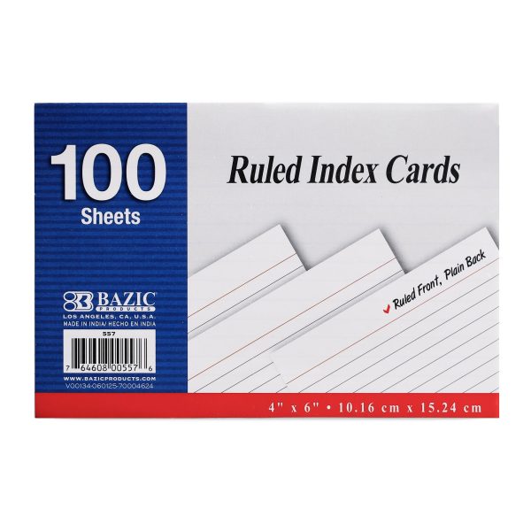 Bazic 100 ct 4" x 6" Ruled White Index Card