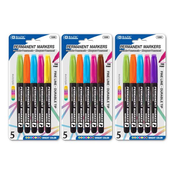 Bazic Bright Colours Fine Tip Permanent Markers with Pocket Clip