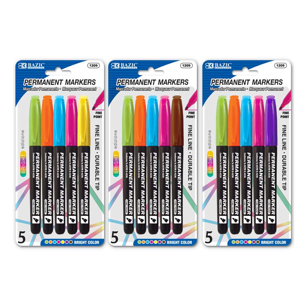 Bazic Bright Colours Fine Tip Permanent Markers with Pocket Clip