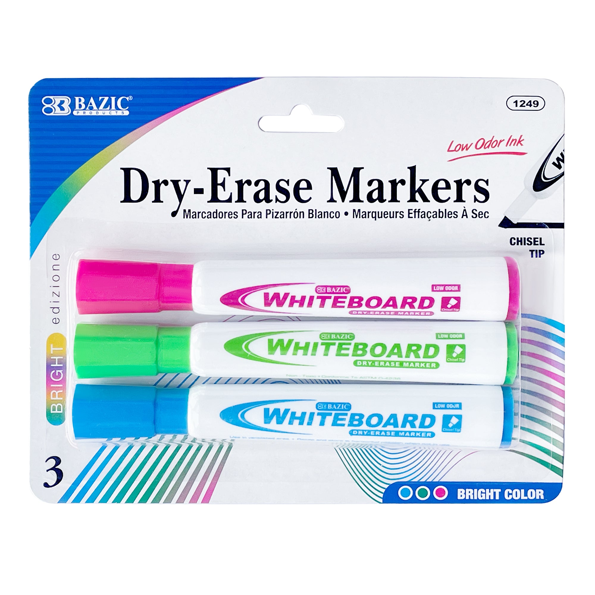 Bazic Bright Colours Chisel Tip Dry-Erase Markers, Pack of 3