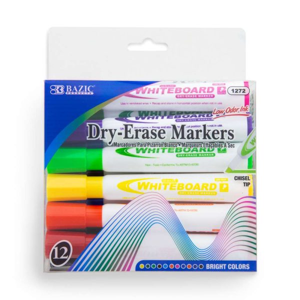 Bazic Bright Colours Chisel Tip Dry-Erase Markers, Box of 12