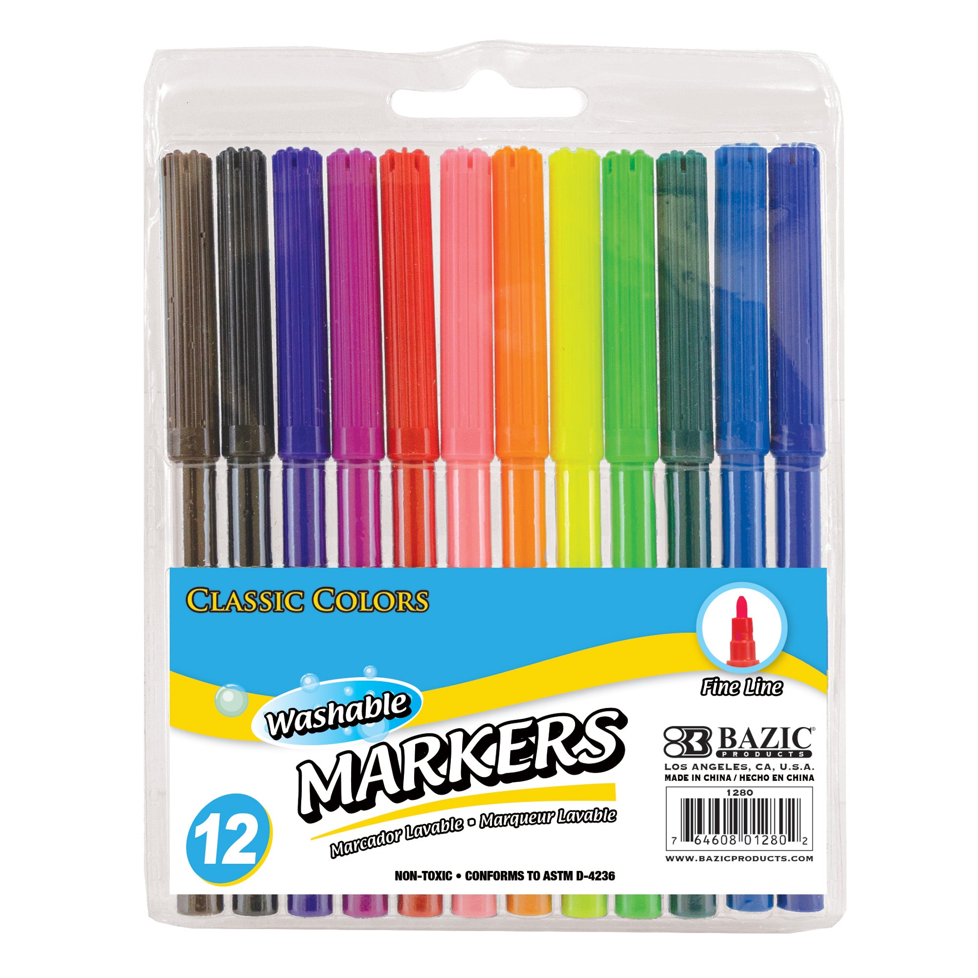 Bazic 12 Classic Colours Fine Line Washable Markers
