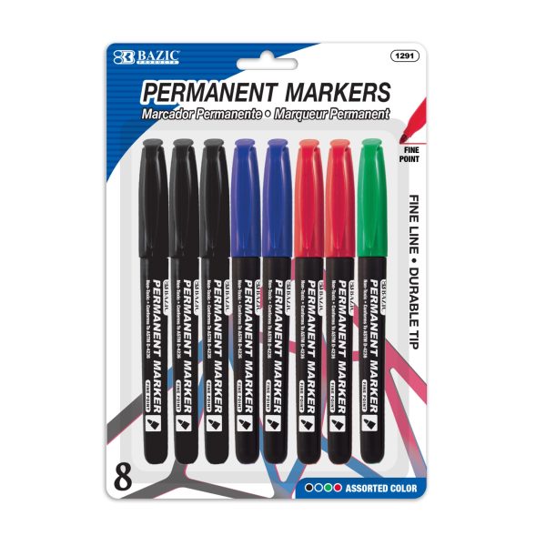 Bazic Assorted Colours Fine Tip Permanent Markers with Pocket Clip