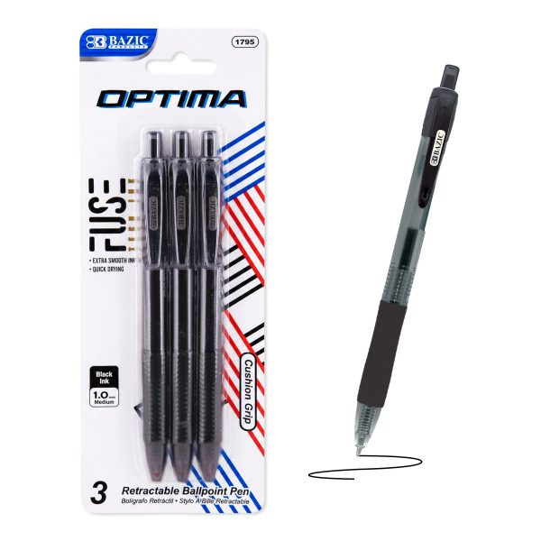 Bazic Optima Black FUSE Tech Ink Retractable Pen with Grip