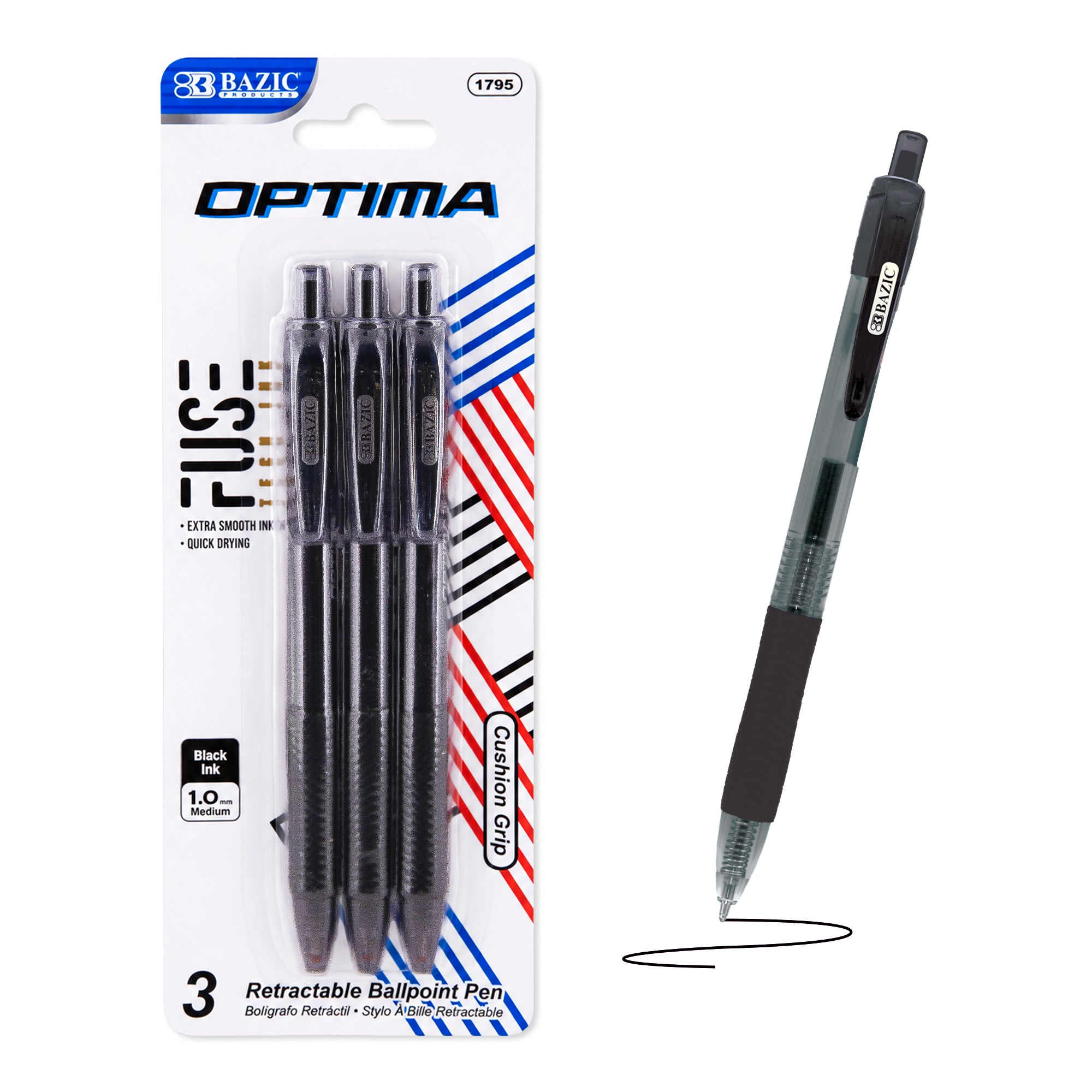Bazic Optima Black FUSE Tech Ink Retractable Pen with Grip