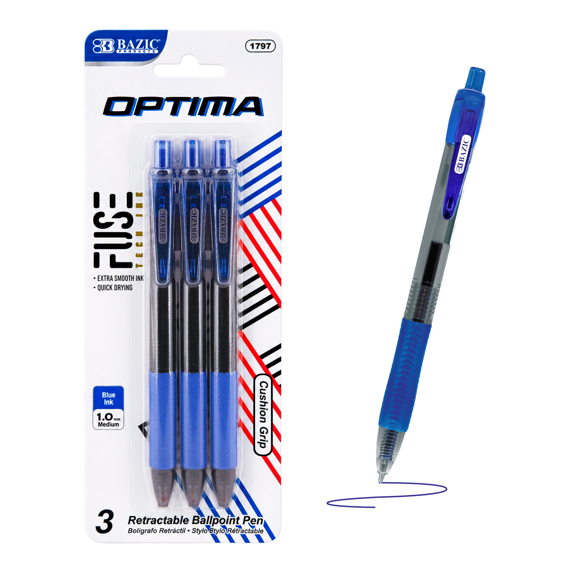 Bazic Optima Blue FUSE Tech Ink Retractable Pen with Grip