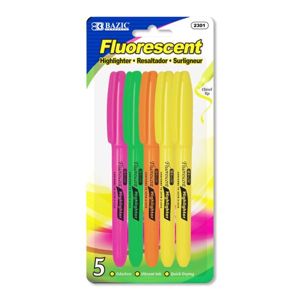 Bazic Pen Style Fluorescent Highlighter with Pocket Clip, Pack of 5