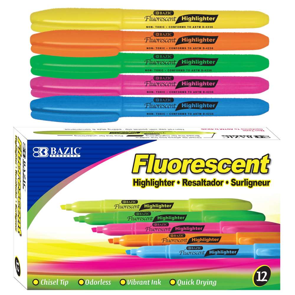 Bazic Pen Style Fluorescent Highlighter with Pocket Clip, Box of 12