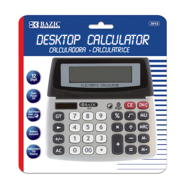 Bazic 12-Digit Dual Power Desktop Calculator with Adjustable Display