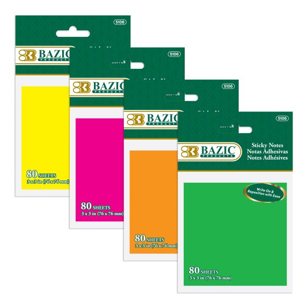Bazic 80 ct 3" x 3" Neon Sticky Notes