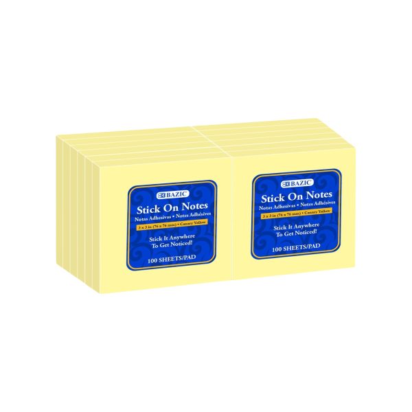 Bazic 100 ct 3" x 3" Yellow Sticky Notes (12/Shrink)