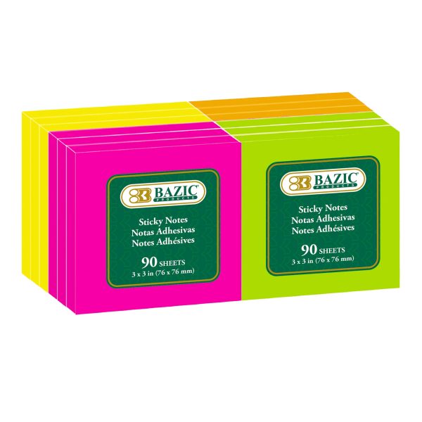 Bazic 90 ct 3" x 3" Neon Sticky Notes (12/Shrink)