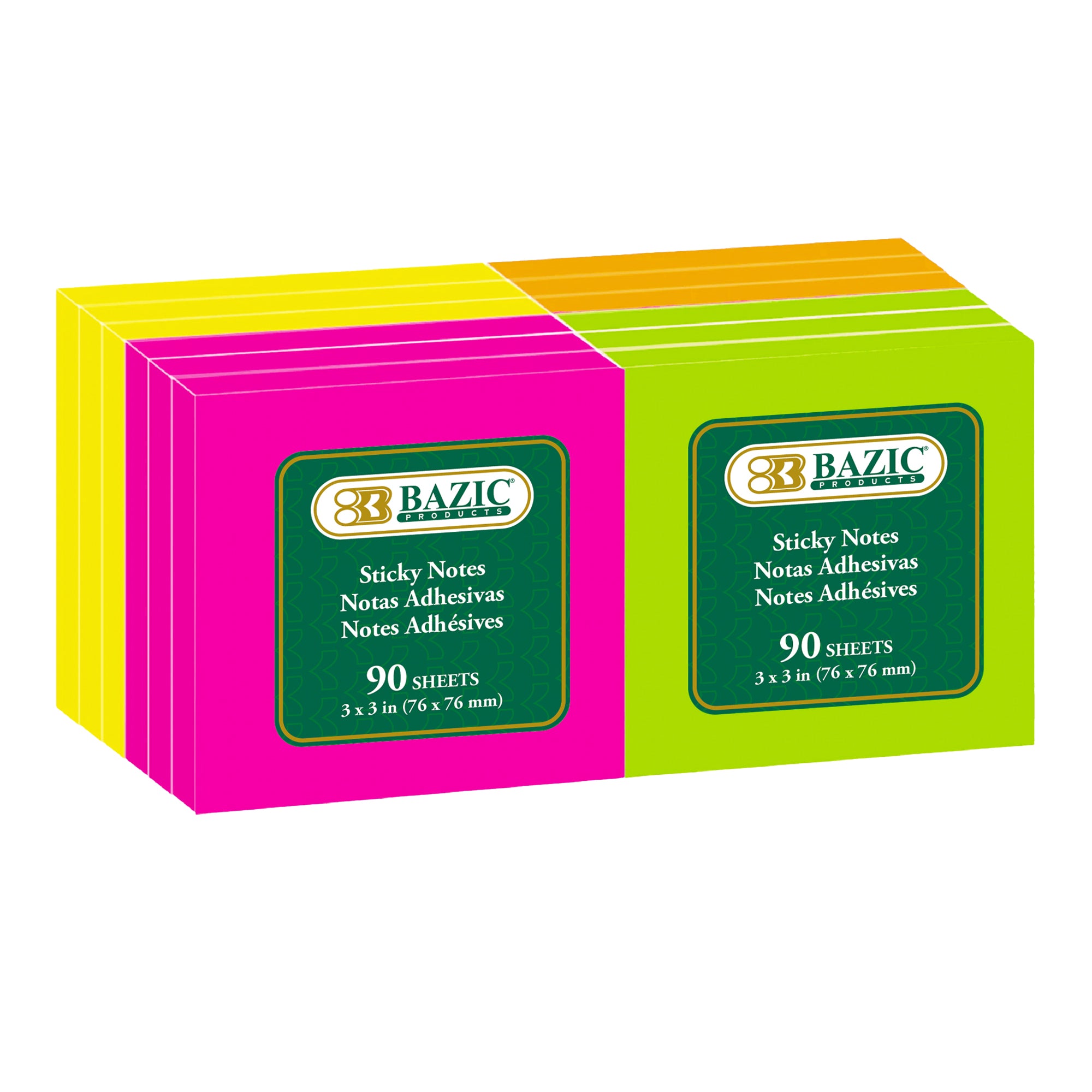 Bazic 90 ct 3" x 3" Neon Sticky Notes (12/Shrink)