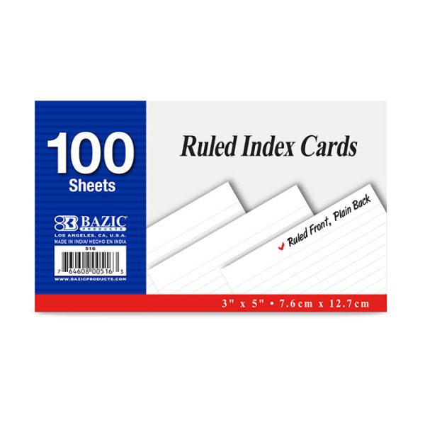 Bazic 100 ct 3" x 5" Ruled White Index Card