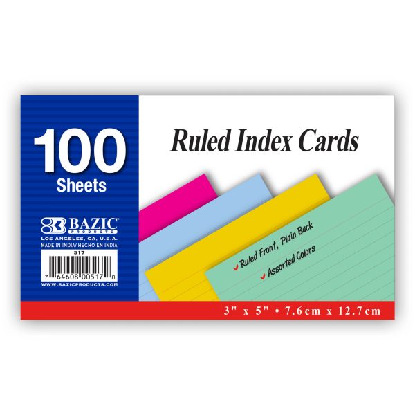 Bazic 100 ct 3" x 5" Ruled Colored Index Card
