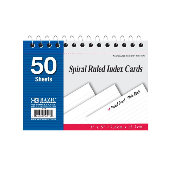 Bazic 50 ct Spiral Bound 3" x 5" Ruled White Index Card