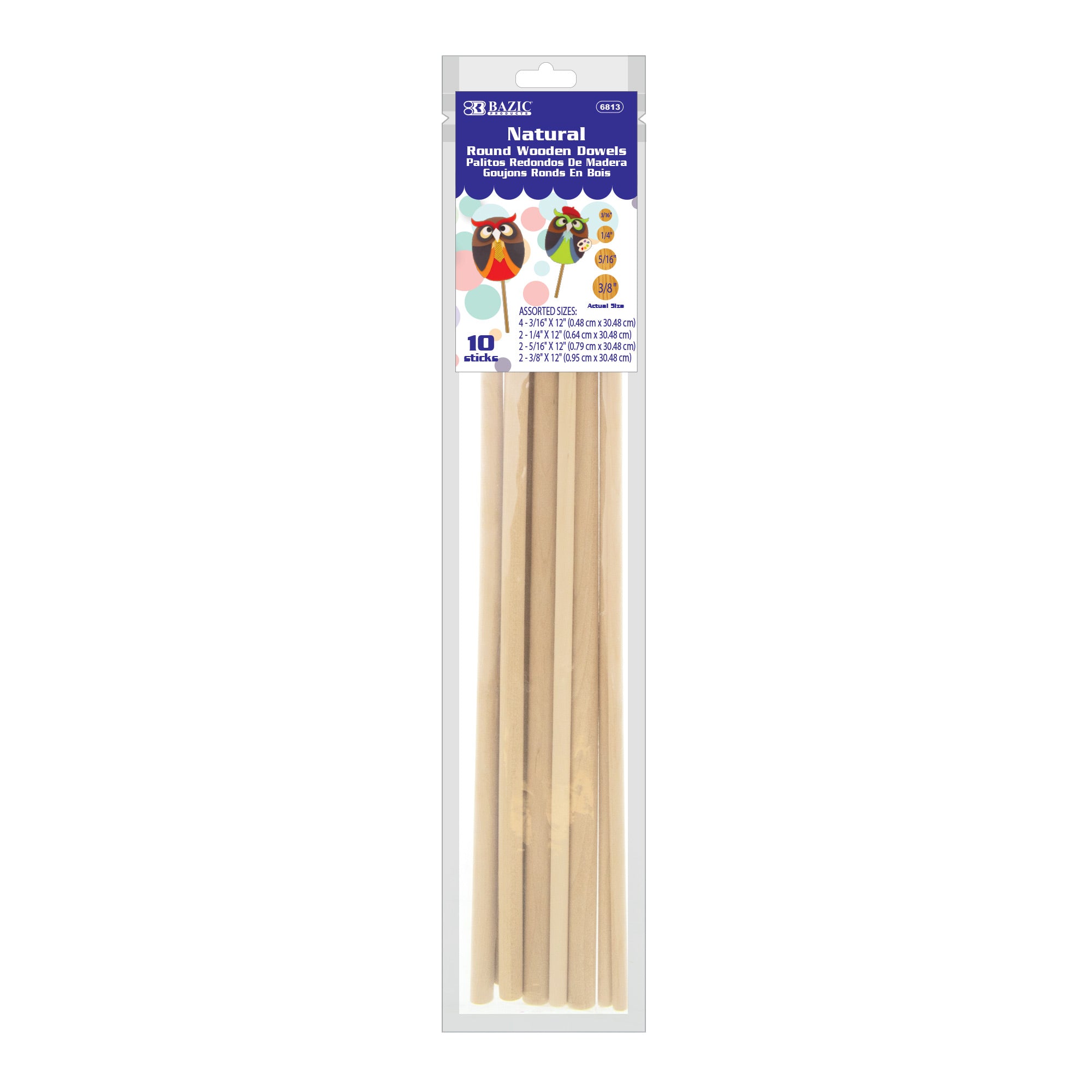 Bazic Assorted Round Natural Wooden Dowel (10/Bag)